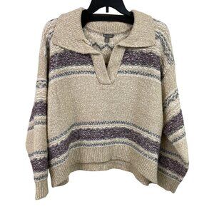 Falls Creek Beige Knit Pullover Sweater 3X Striped Pattern Long Sleeve Collared